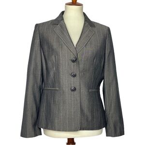 Kasper Blazer Womens 10P Petite Grey Brown Taupe Striped Wool Blend Jacket Lined